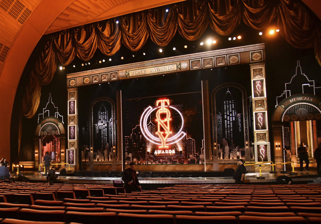 FILE - This JuNe 9, 2019 photo shows a view of the stage prior to the start of the 73rd annual Tony Awards in New York. Nominations for the American Theatre Wing’s 74th Annual Tony Awards will be announced on Thursday, Oct. 15. (Photo by Charles Sykes/Invision/AP, File)